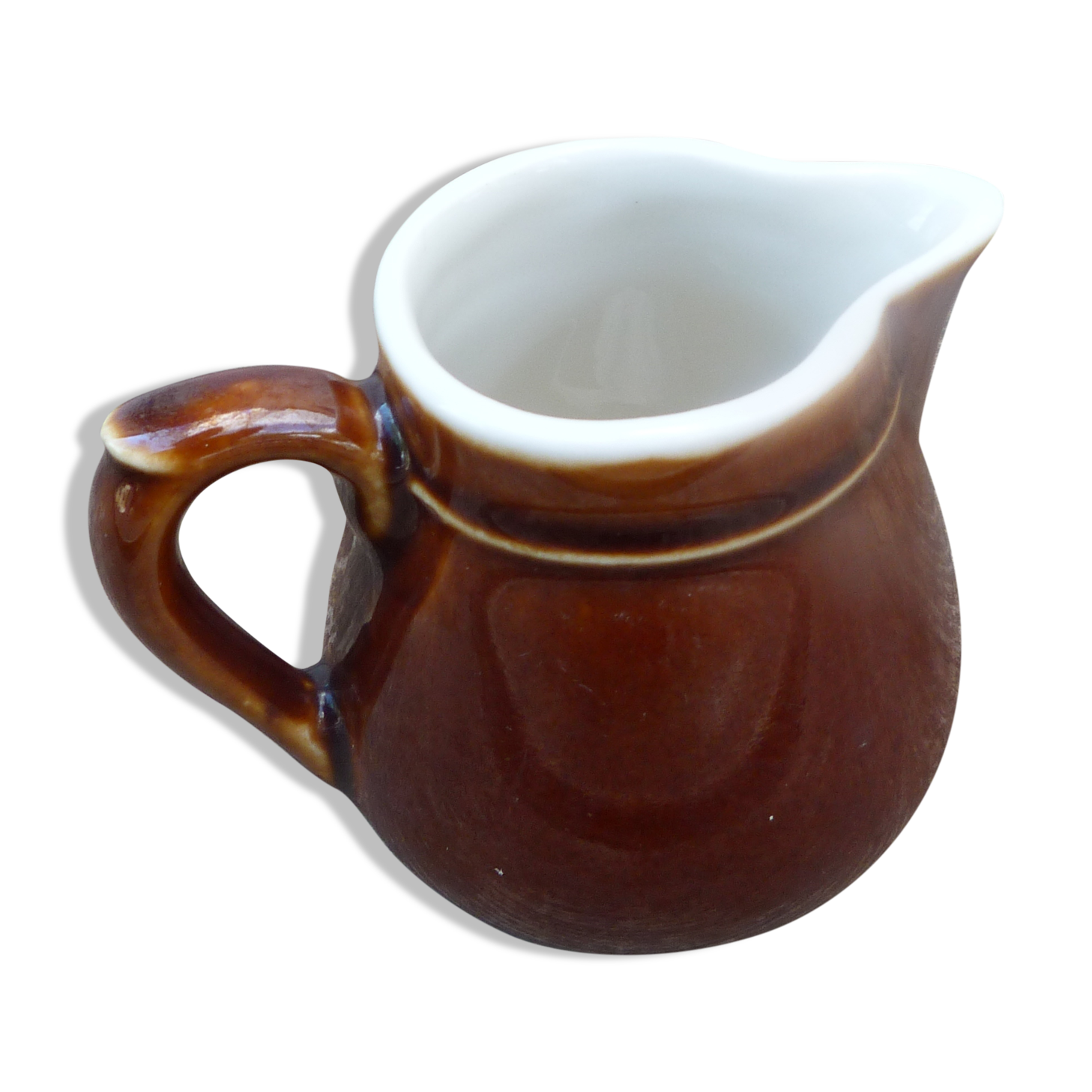 Small white brown ceramic milk pot bistro style