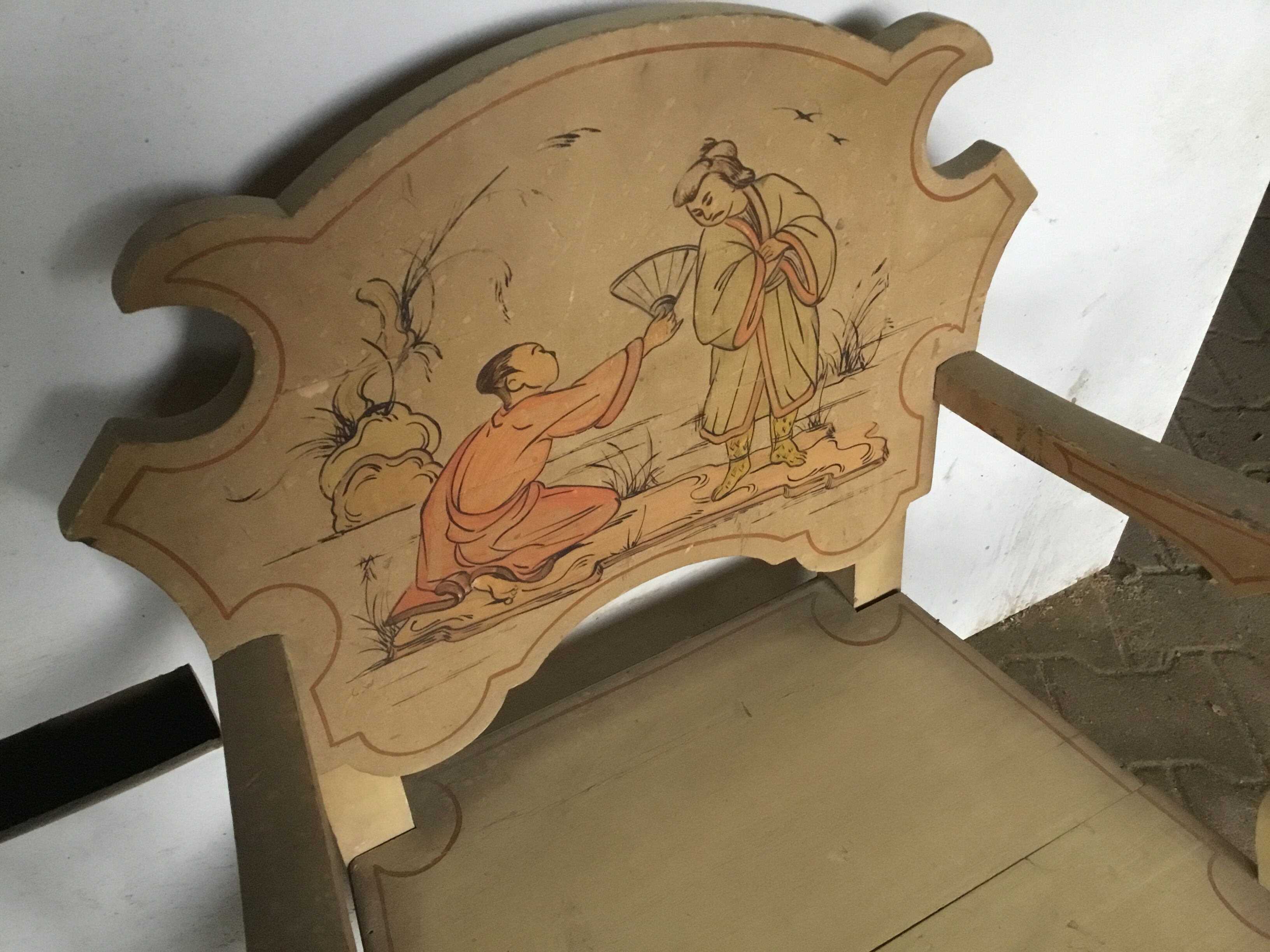 Chair or throne in Chinese lacquer wood from Vietnam, vintage, signed painting