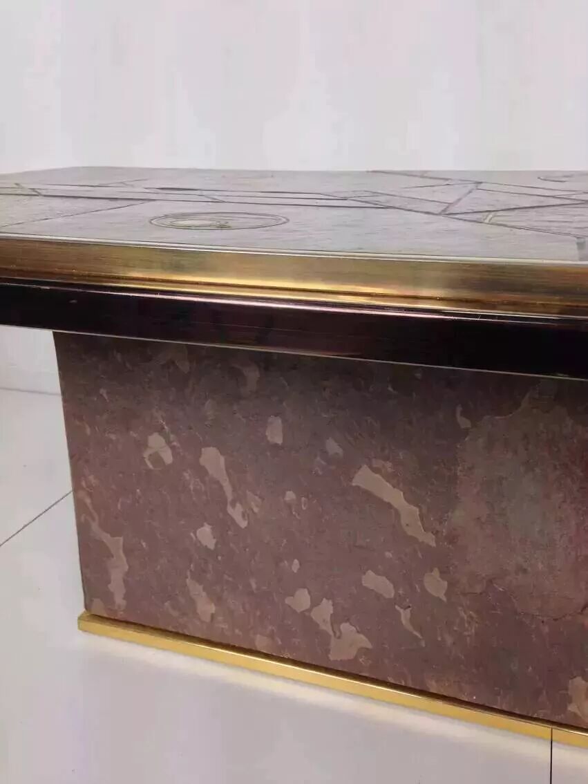 70s Brutalist Coffee Table in Brass, Bronze and Stone