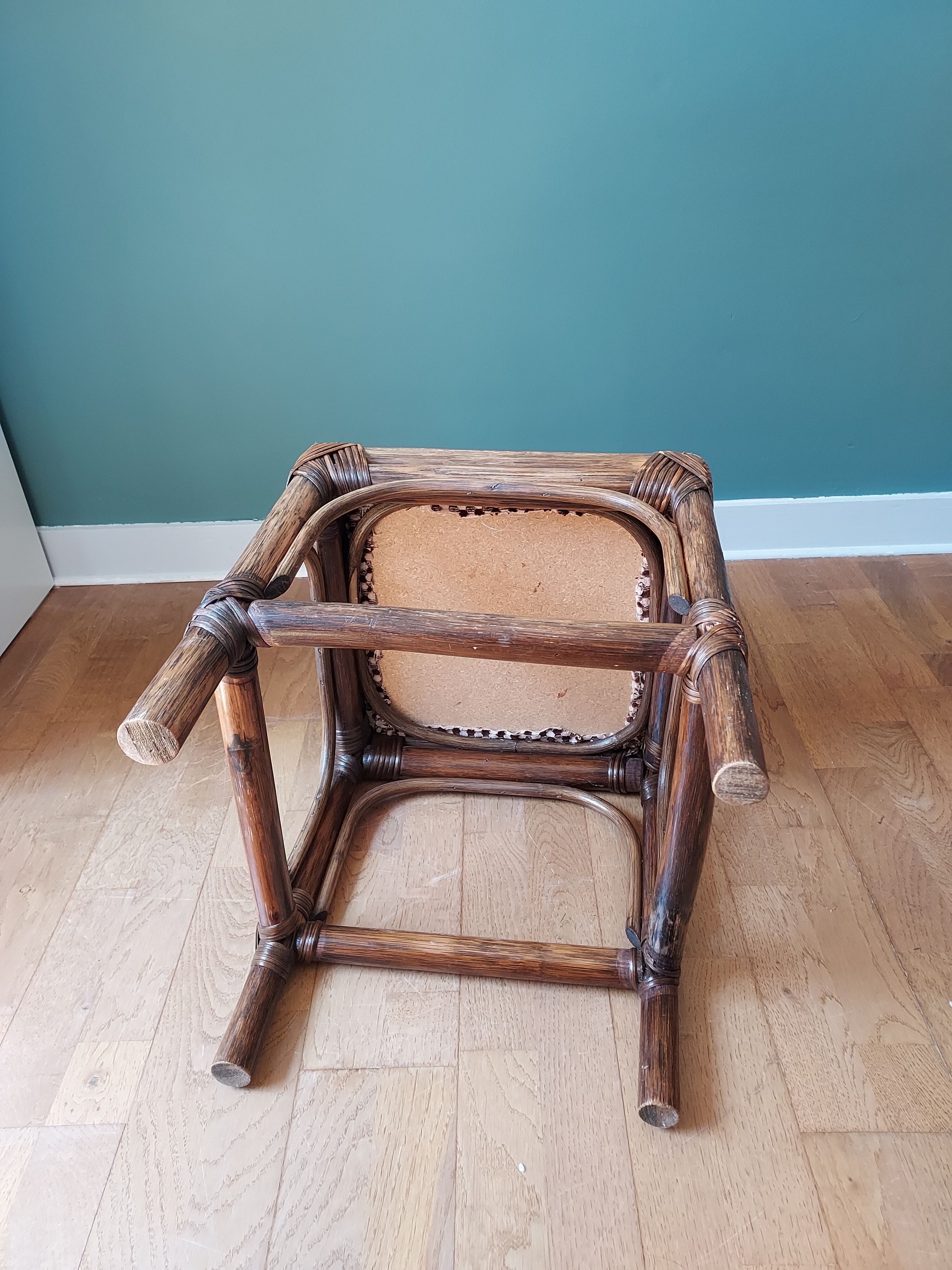Rattan and velvet stool