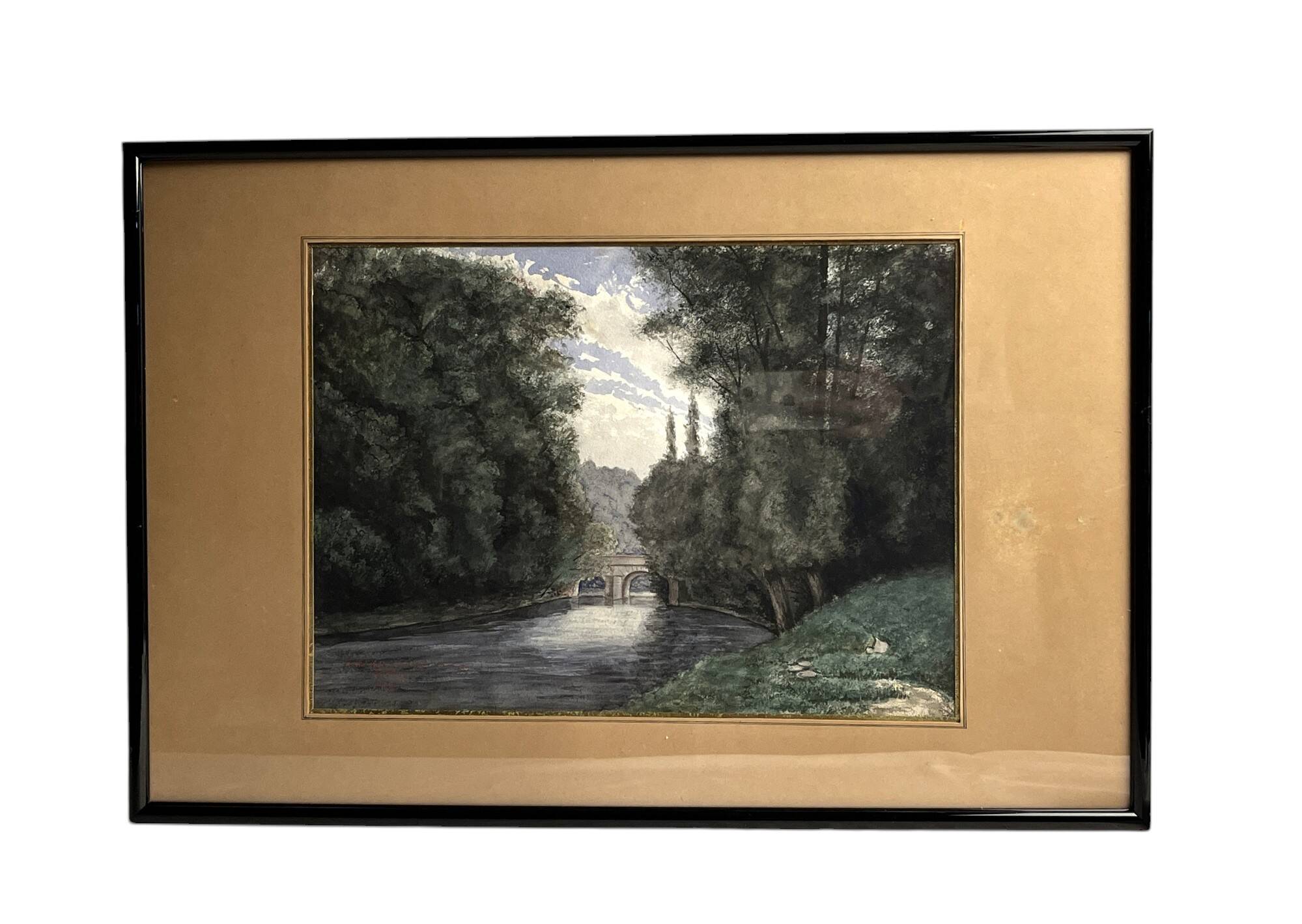Pinet (h), watercolor landscape with bridge signed dated end of 19th century