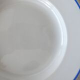 3 Pillivuyt white porcelain dinner plates with blue edging.