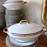 table service art deco limoges porcelain white border blue and gold 61 pieces signed