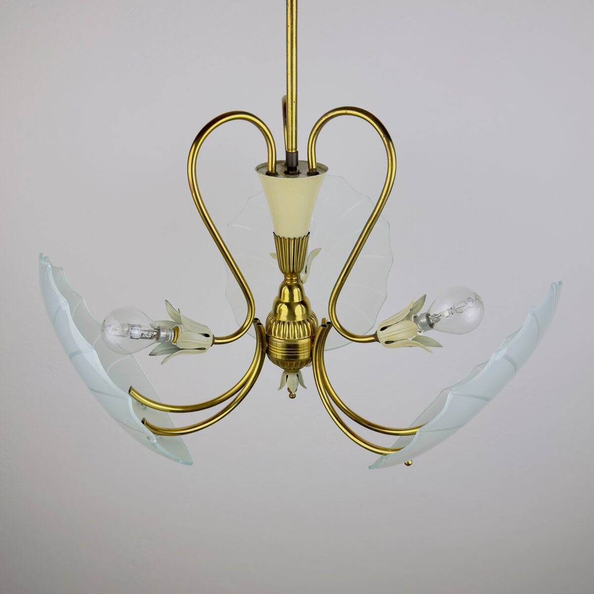 Antique brass and glass chandelier in the style of Pietro Chiesa for Fontana Arte, Italy, 1930s.