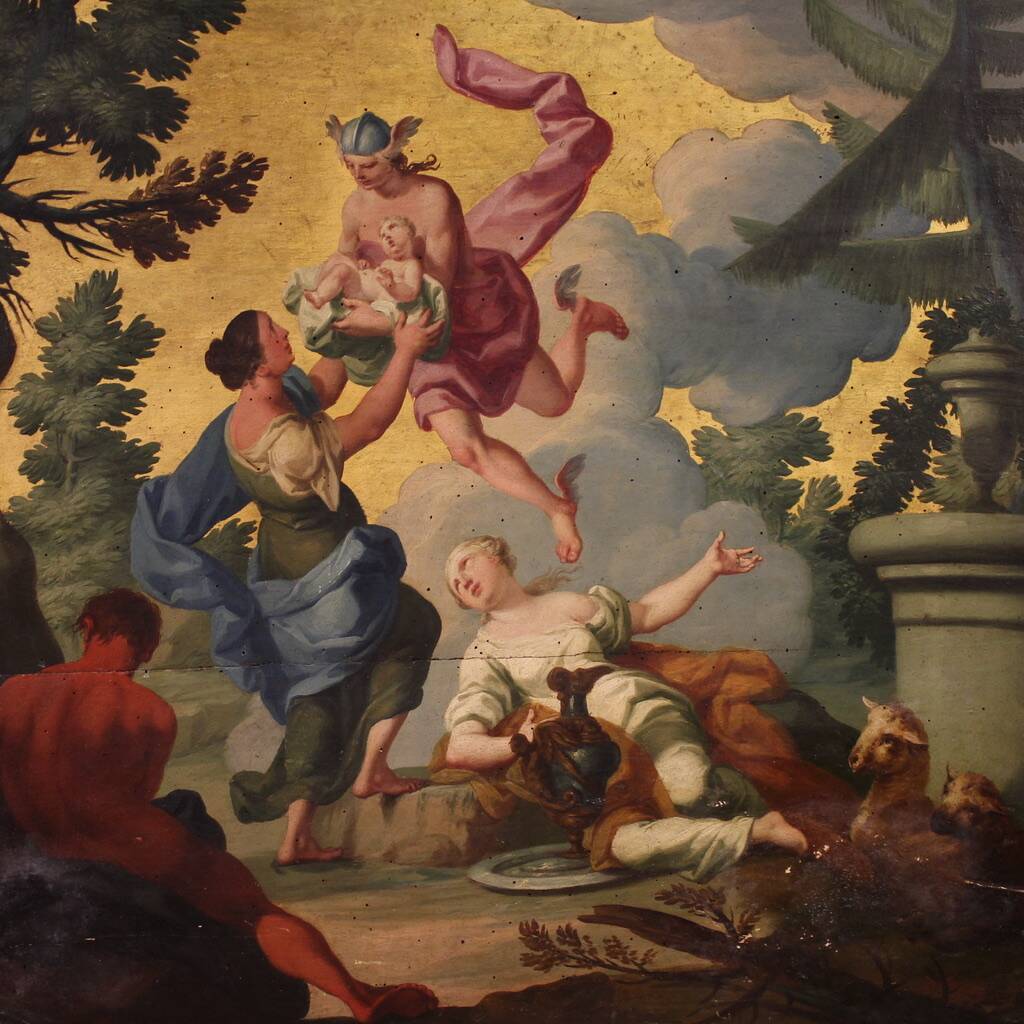 18th century Italian panel painting, Hermes entrusts Dionysus to the nymphs