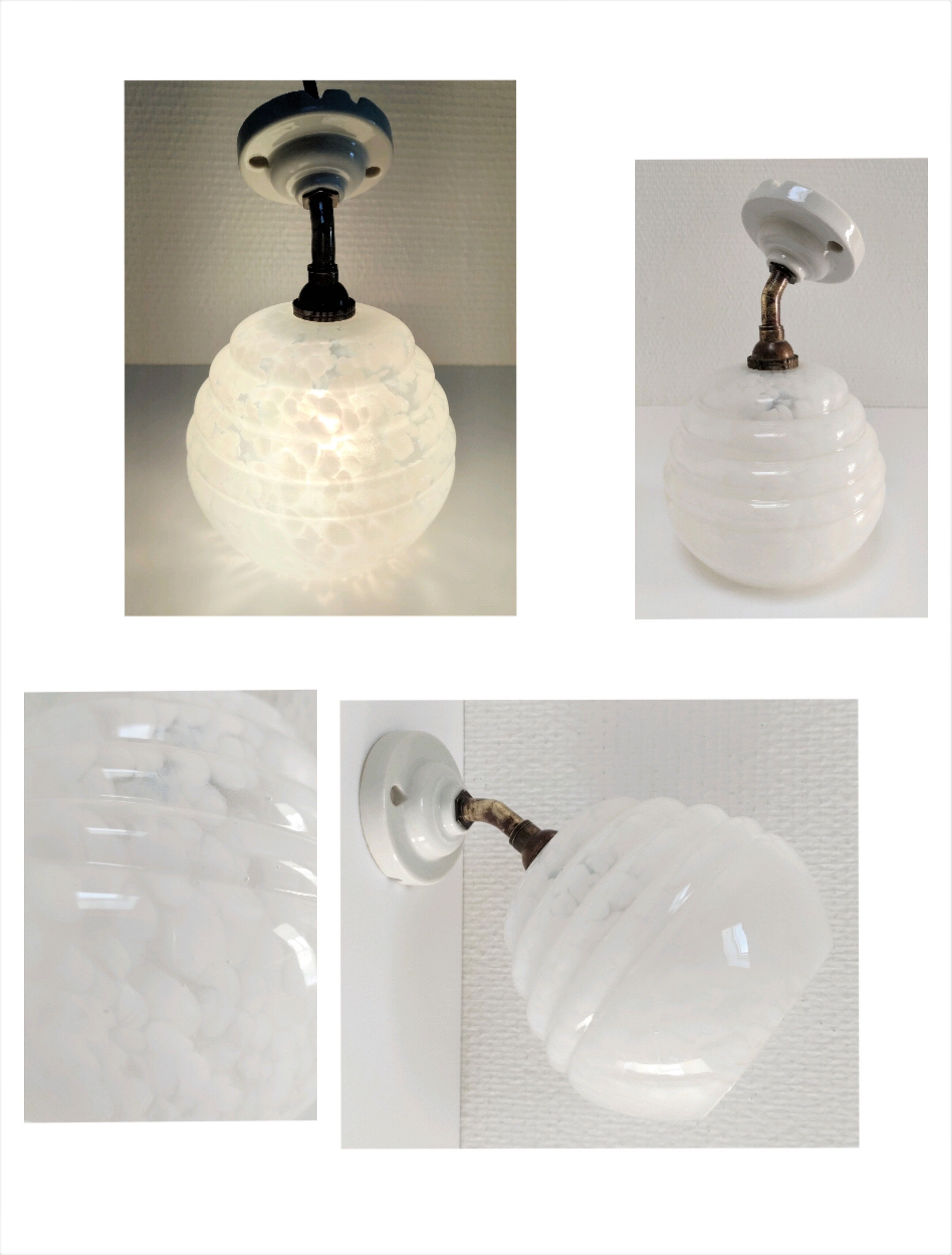 Wall lamp glass Clichy white brass porcelain 30s