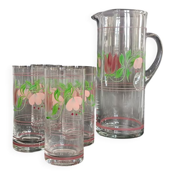 Carafe et quatre verres en cristal peint cristallerie de Hartzviller 1970