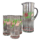 Carafe and four glasses in painted crystal, Hartzviller crystal factory, 1970