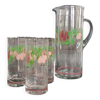 Carafe and four glasses in painted crystal, Hartzviller crystal factory, 1970