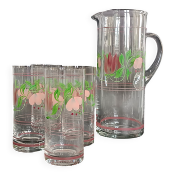 Carafe et quatre verres en cristal peint cristallerie de Hartzviller 1970