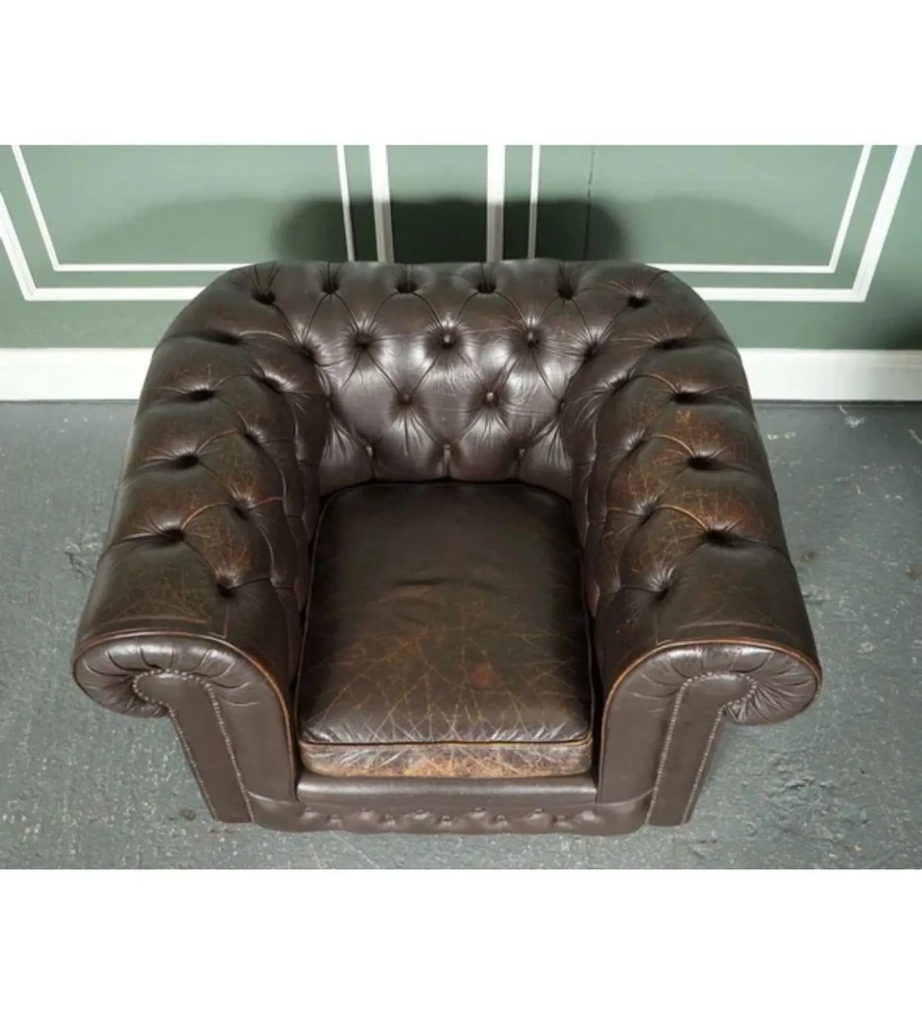 Vintage Brown Leather Chesterfield Club Tub Chairs, Set of 2