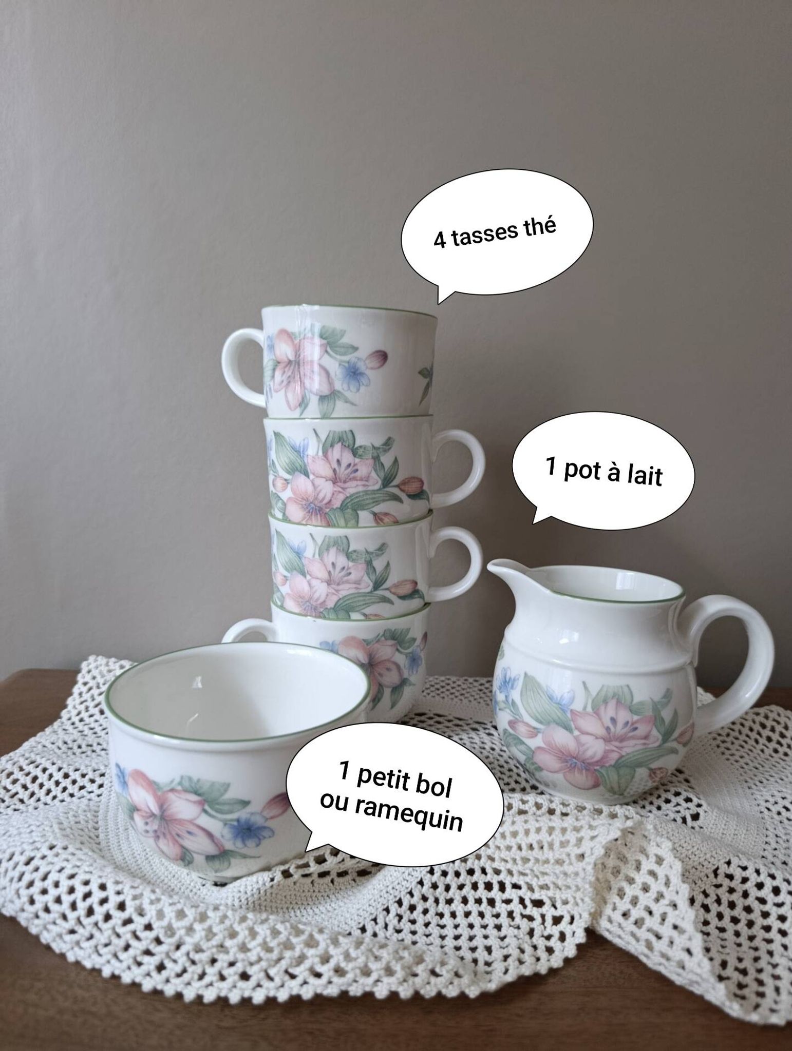 Royal Doulton "Carmel" 4 cups & milk jug floral decoration