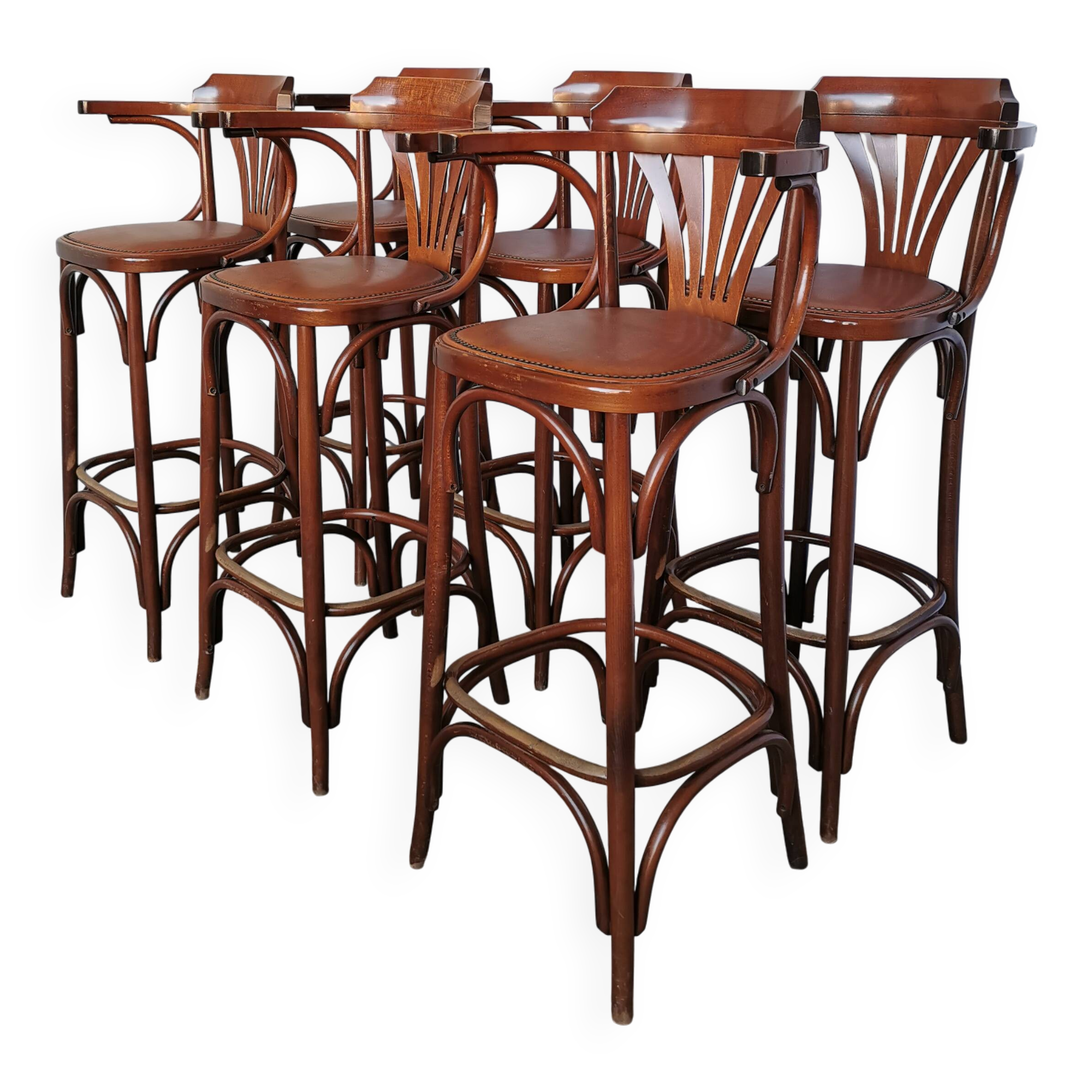 Set of 6 Vintage Bentwood Bar Stool Set: Brown Leather Seat, Nailhead Trim