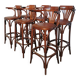 Set of 6 Vintage Bentwood Bar Stool Set: Brown Leather Seat, Nailhead Trim