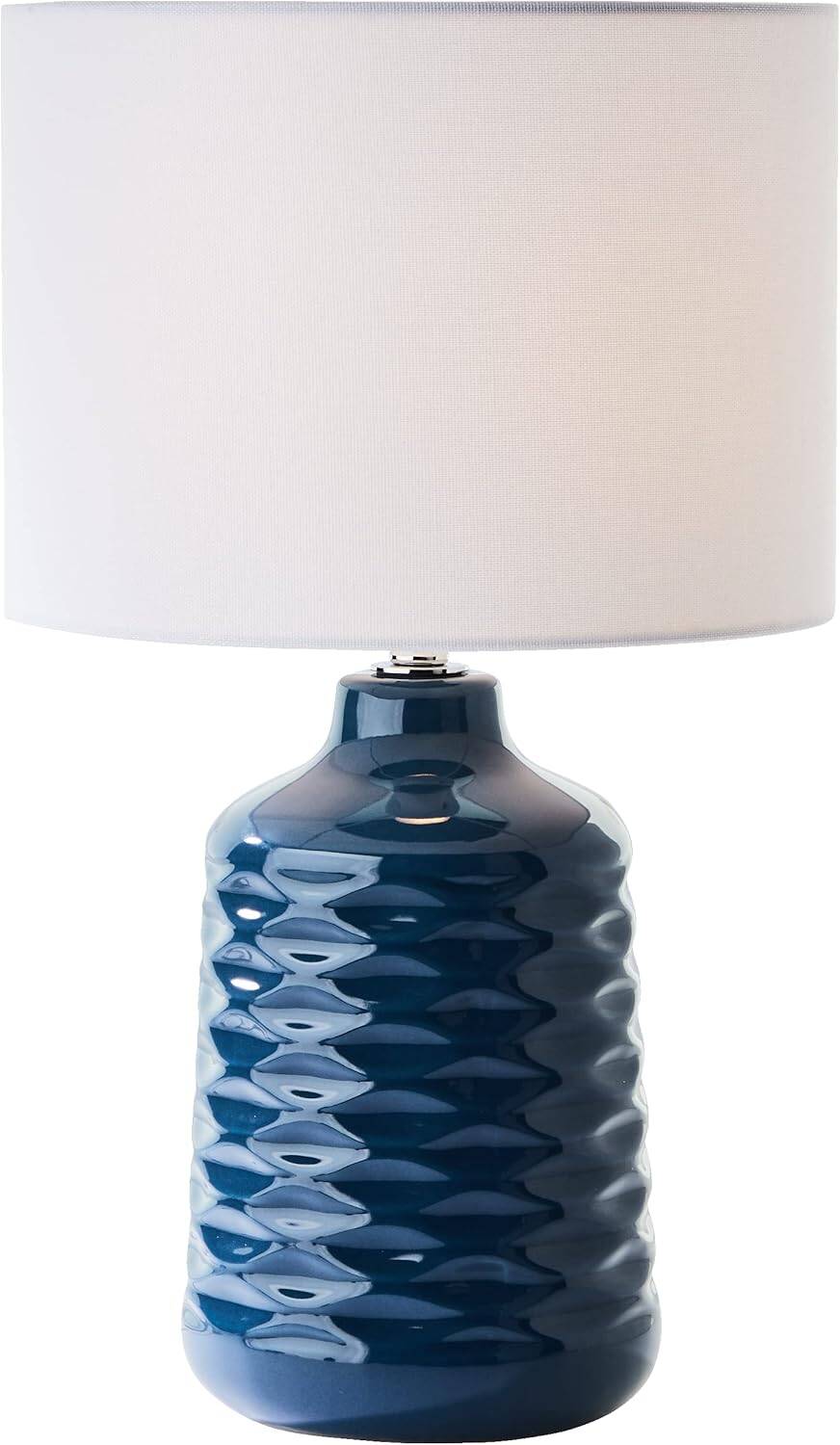 blue ceramic table lamp with white fabric shade