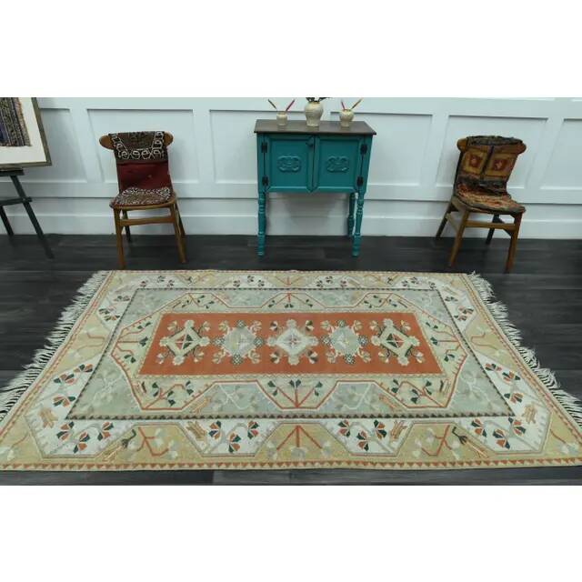 1970s Vintage Turkish Handmade Wool & Cotton Orange Area Rug 156x253