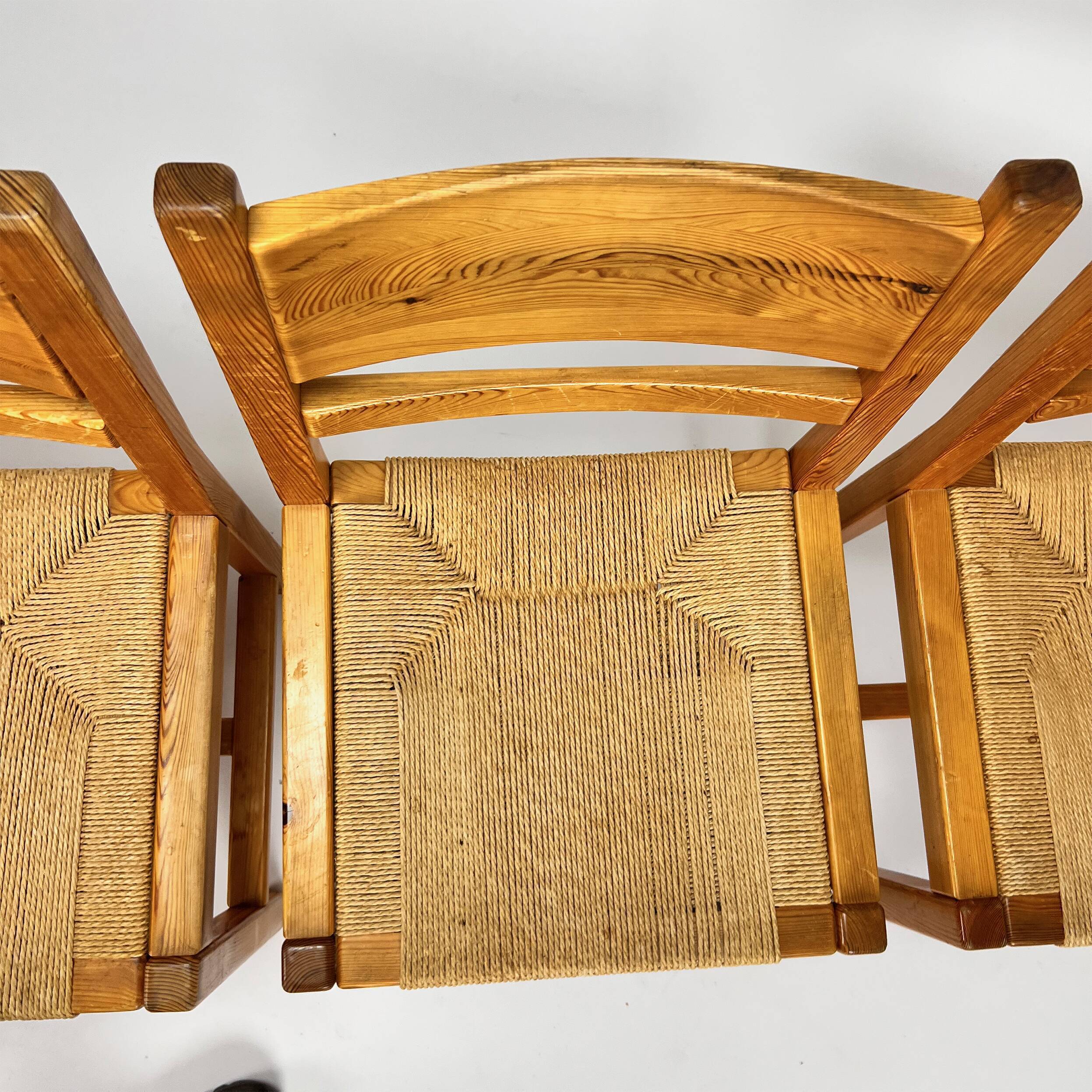 Set of 4 mid century scandinavian pine and papercord dining chairs, 1960s