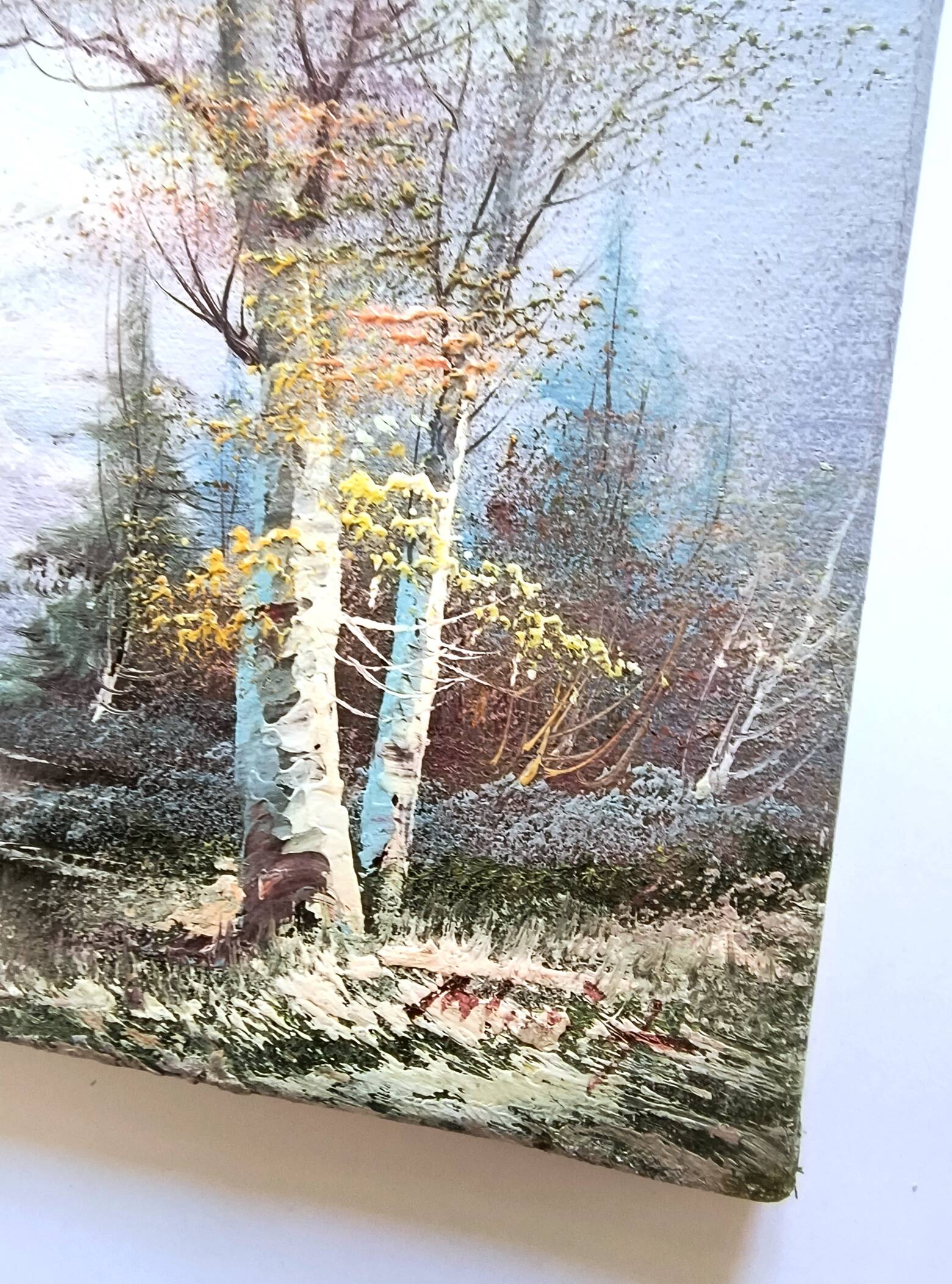 Vintage oil painting – Forest by the lake under a pastel sky
