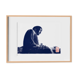 Handmade linocut of the Buddha of Kamakura Prussian blue version in limited edition, signed