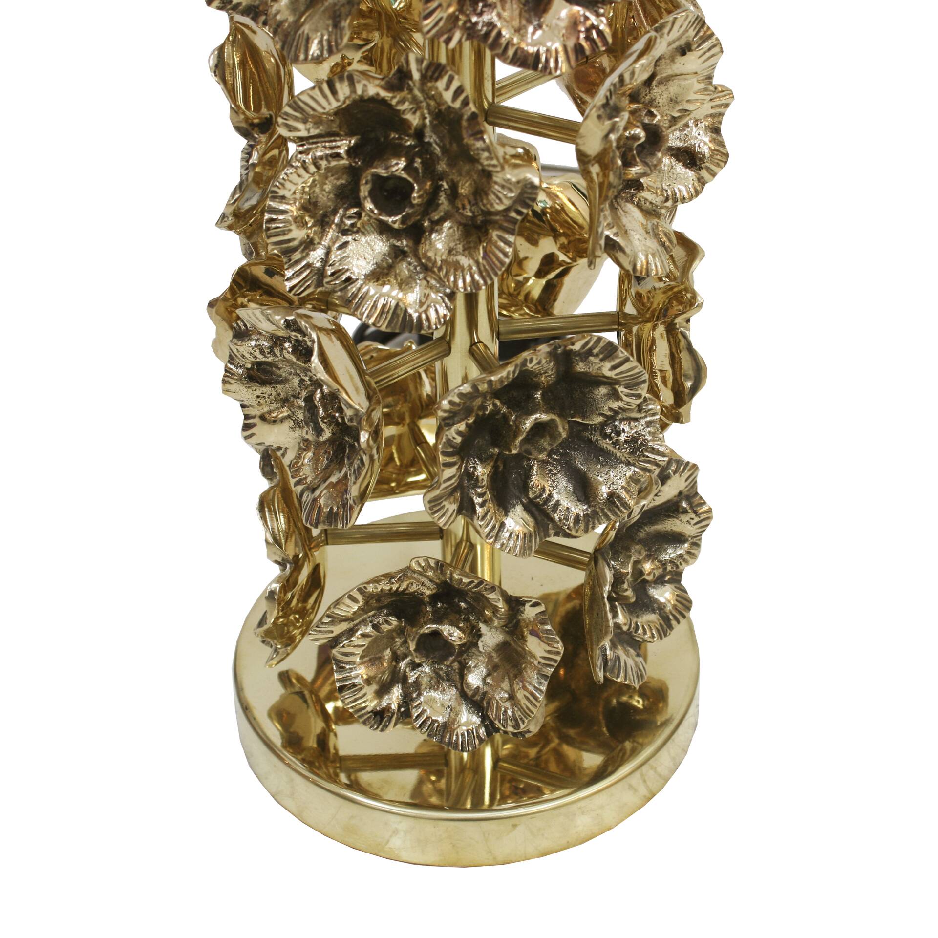 Mid-century modern Italian table lamps with hand-sculpted brass, floral pattern.