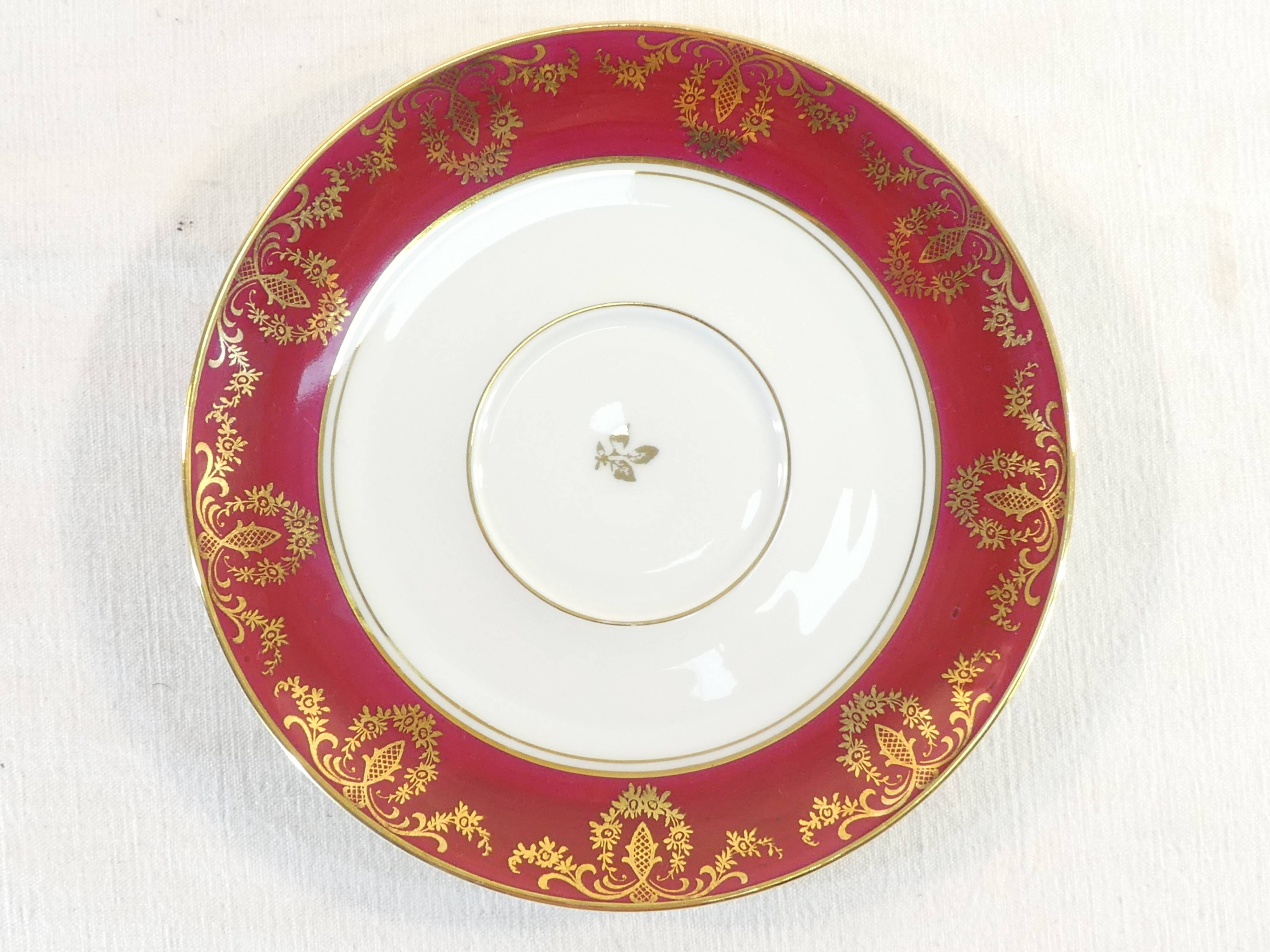 Pair of lunch cup and subcup in porcelain limoges red headband