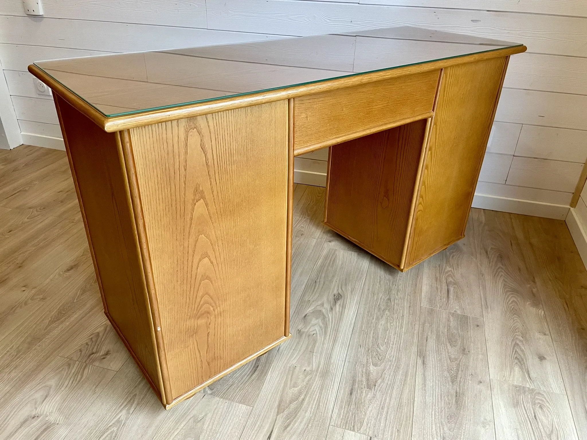 Cane work desk / Rattan glass top 9 drawers shallow depth