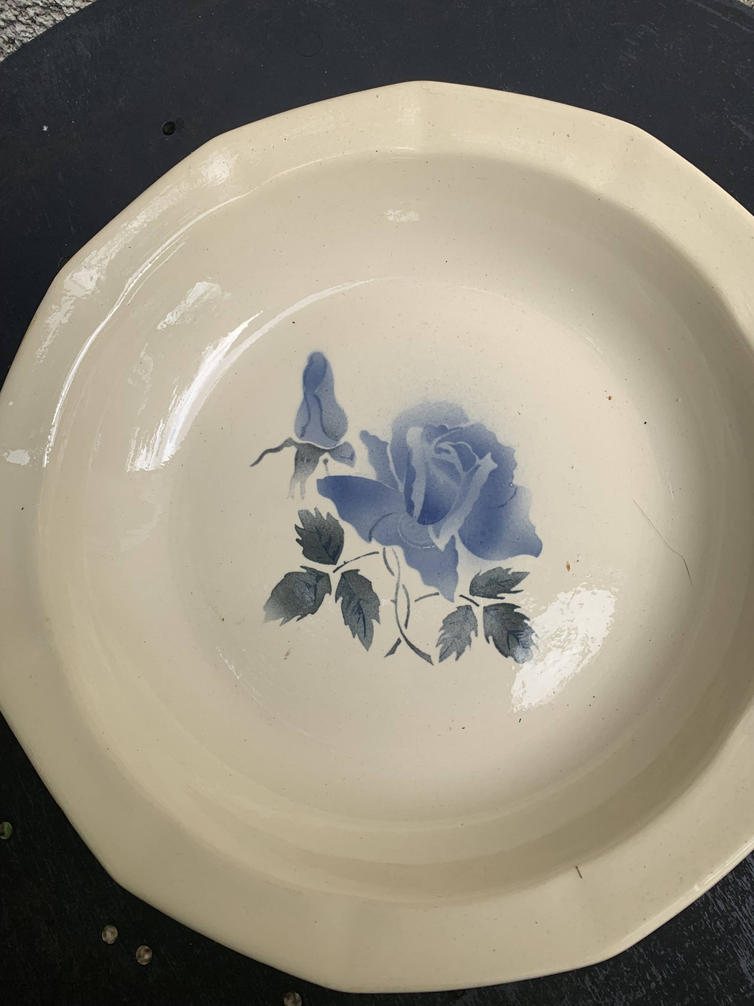 Hollow dish with blue rose motif, octagonal, vintage Digoin