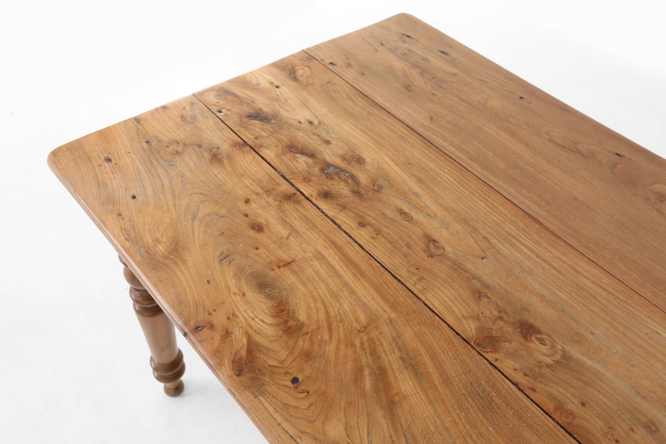 Wabi sabi style French dinner table in elm wood with drawer, ca. 1850