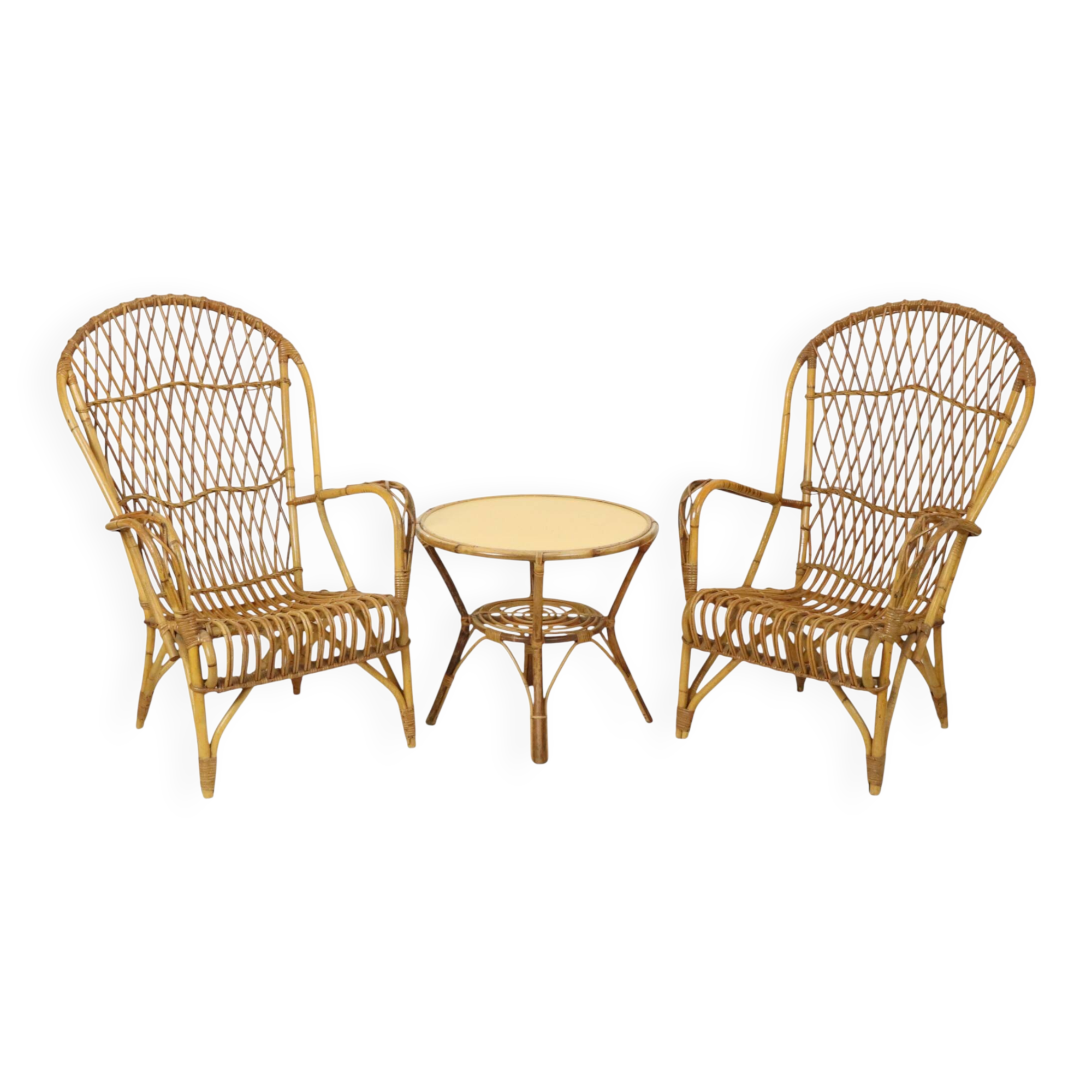 Vintage Set Rattan Chairs Armchairs Table Boho Design Sixties