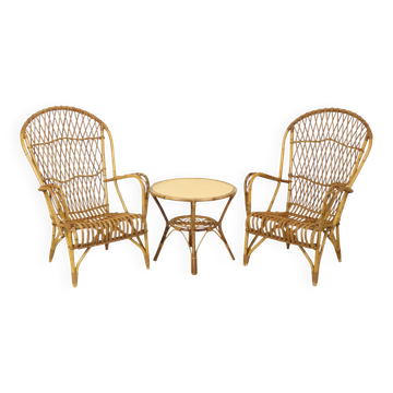 Ensemble vintage en rotin, chaises, fauteuils, table, design bohème, années 60