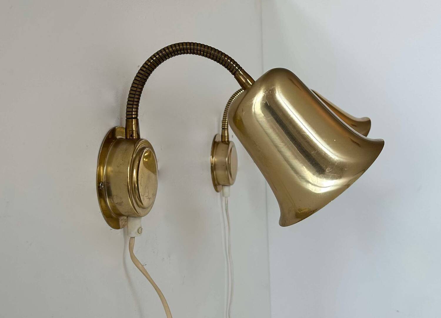 Pair of vintage adjustable wall lights, solid brass, Sweden 1960