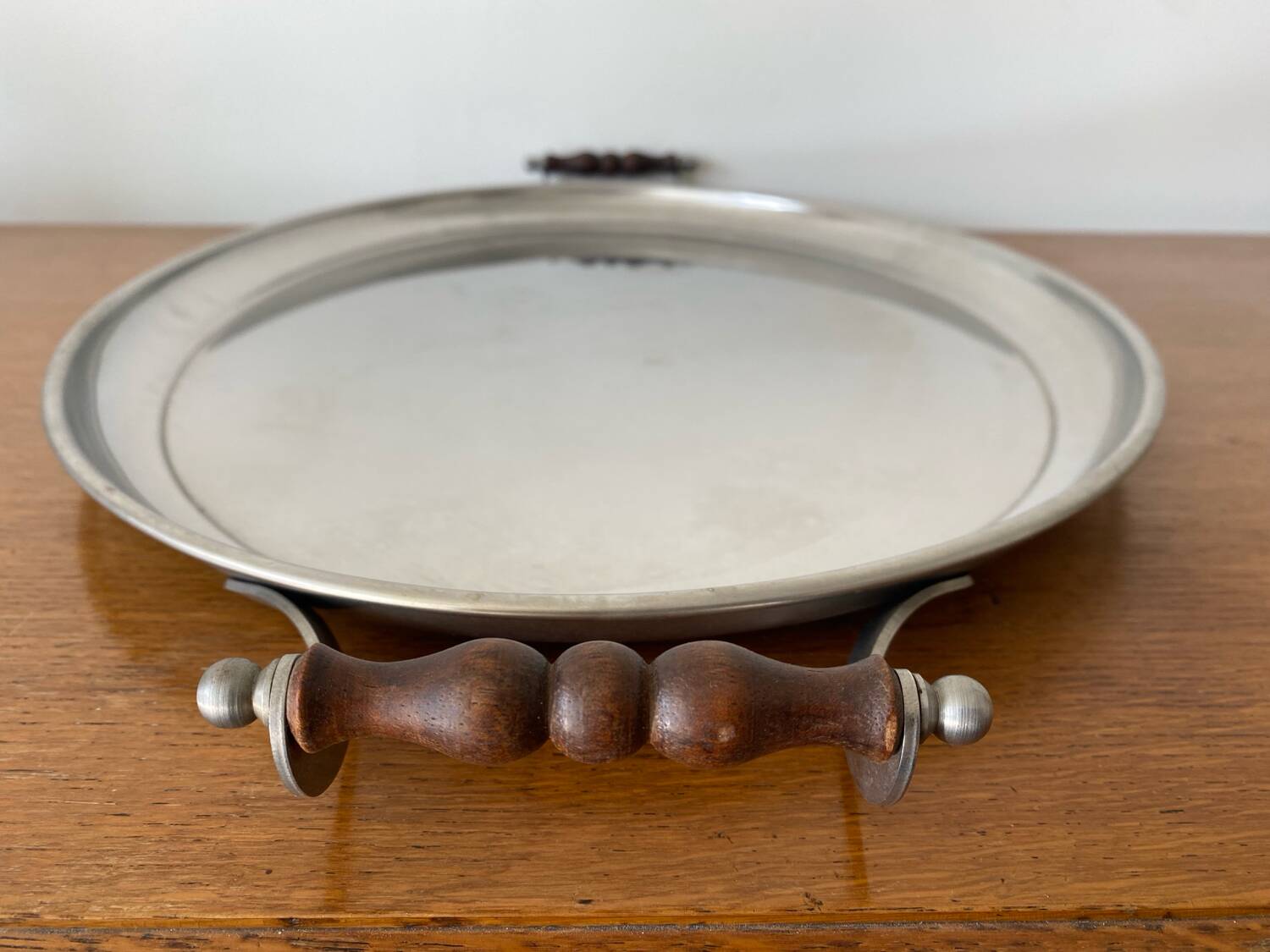 Old jean couzon serving tray stainless steel metal + vintage wooden handles #c