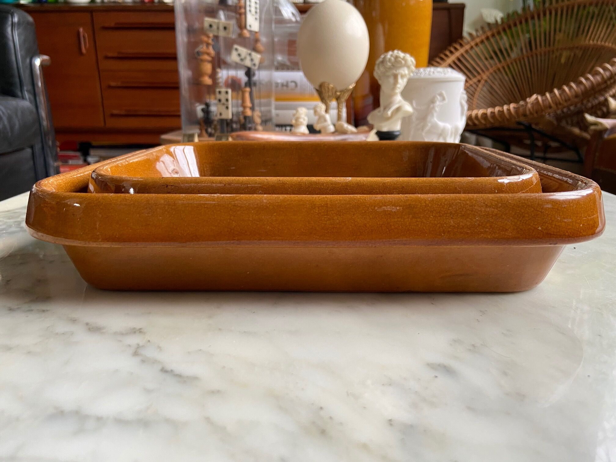 Pair of rectangular enamelled sandstone dishes