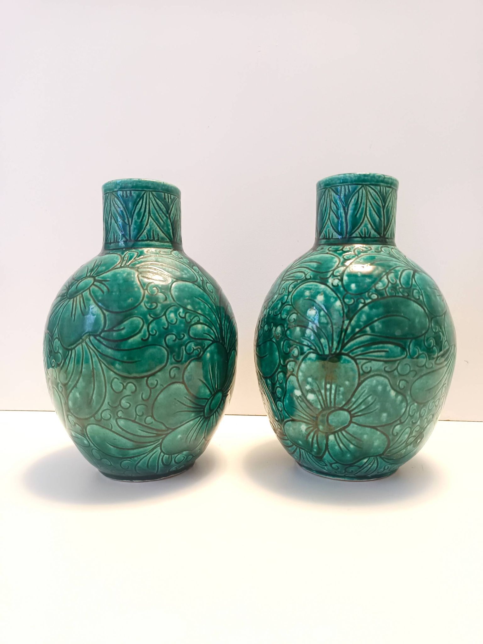 Pair of Handcrafted Green Ceramic Vases by Fanciullacci, Italy