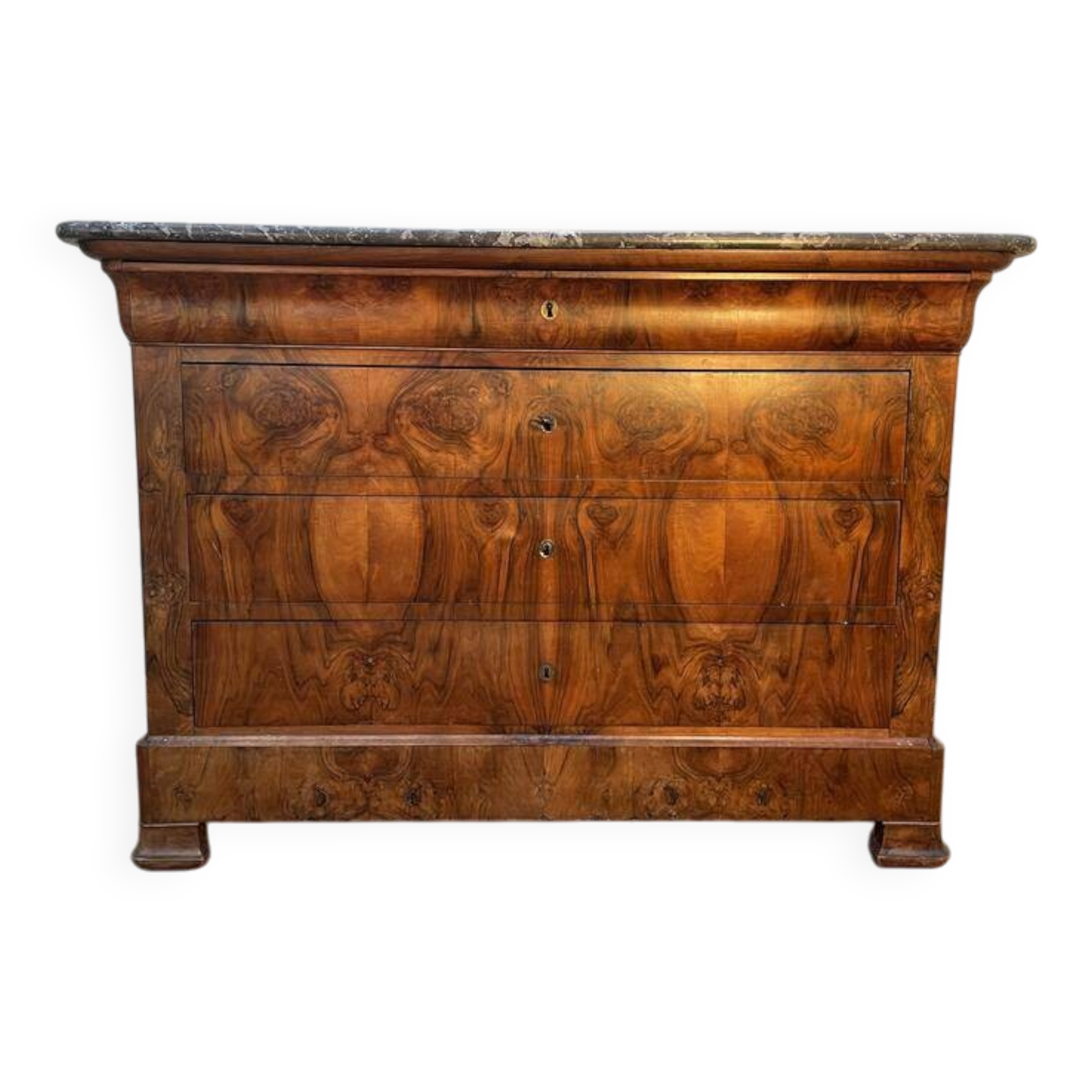Commode époque Louis Philippe loupe de noyer  marbre gris veiné