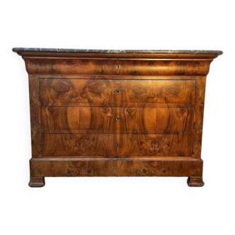 Commode époque Louis Philippe loupe de noyer marbre gris veiné