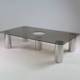 Large coffee table in chromed metal and smoked glass, Italy 1970