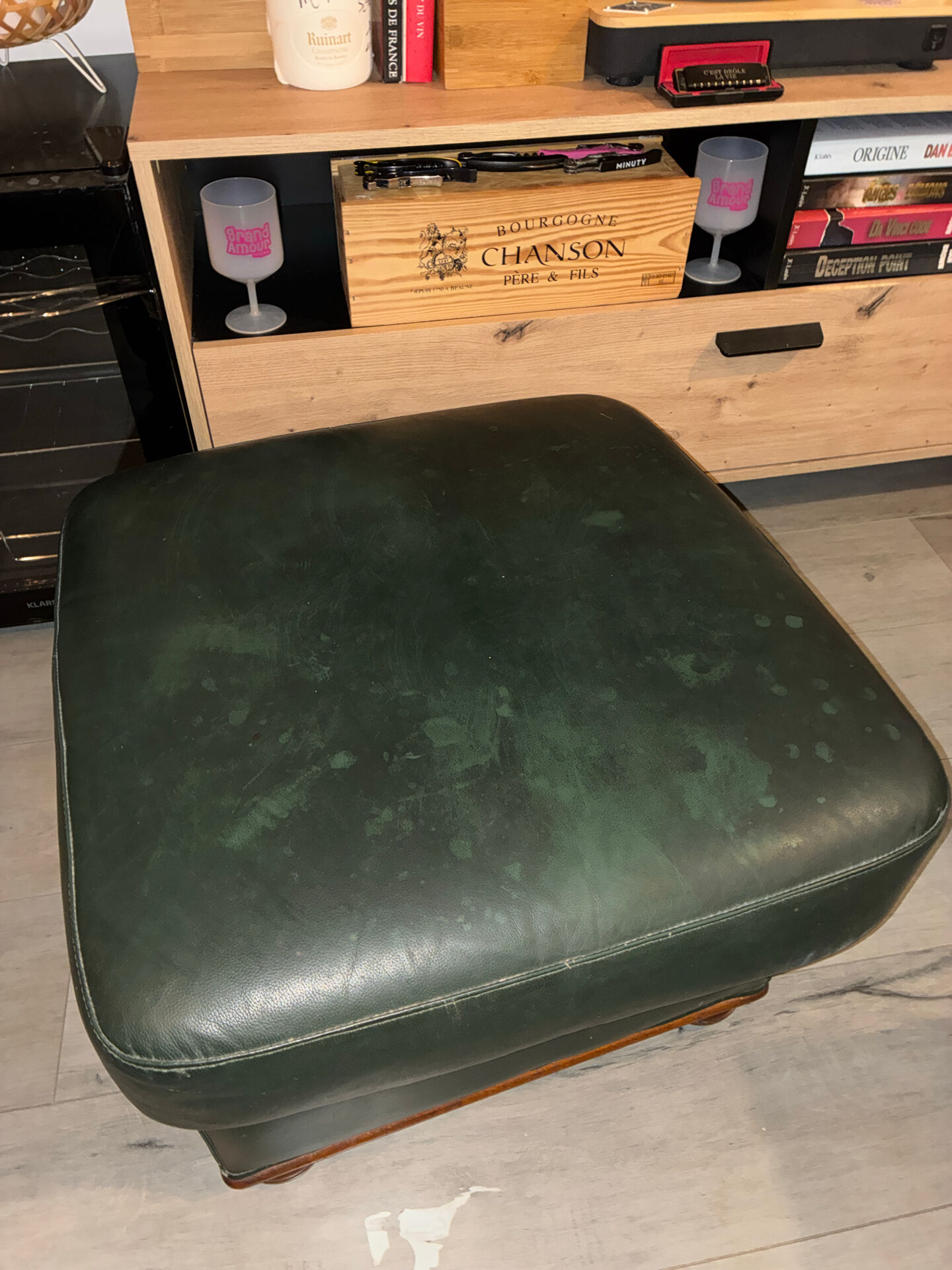 Vintage Green Bottle Leather Pouffe Footstool – 70s/80s