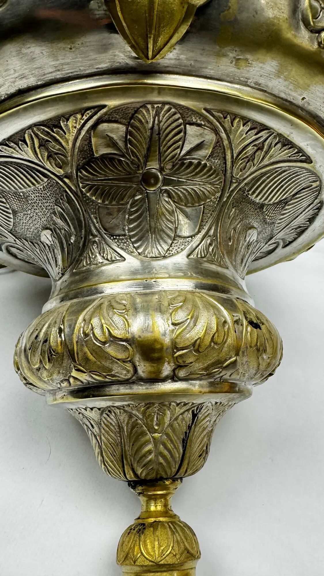 Ancient sanctuary lamp, silver-plated brass, winged angel, 130 cm.