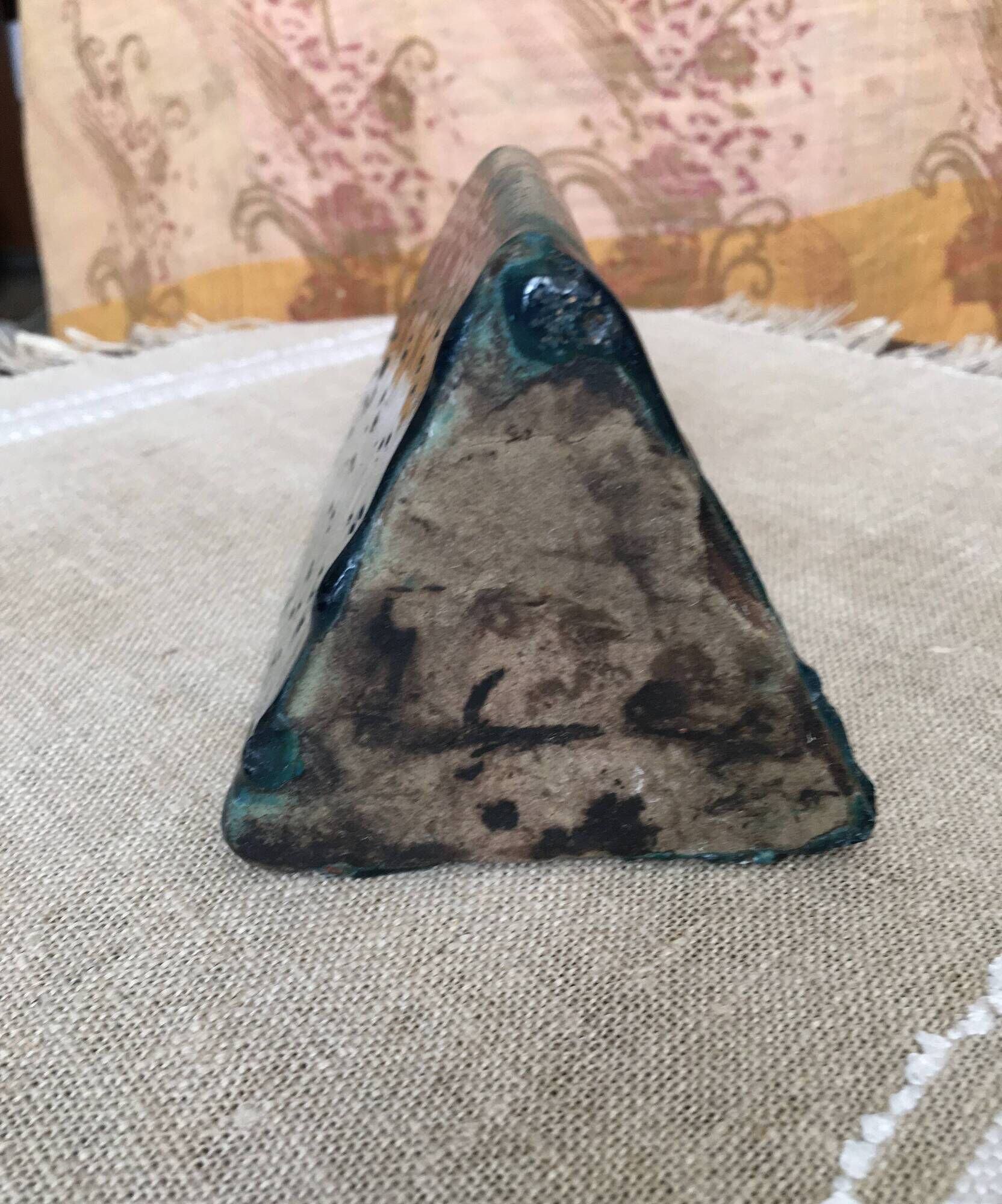 Antique Iranian three-sided blue ceramic bottle