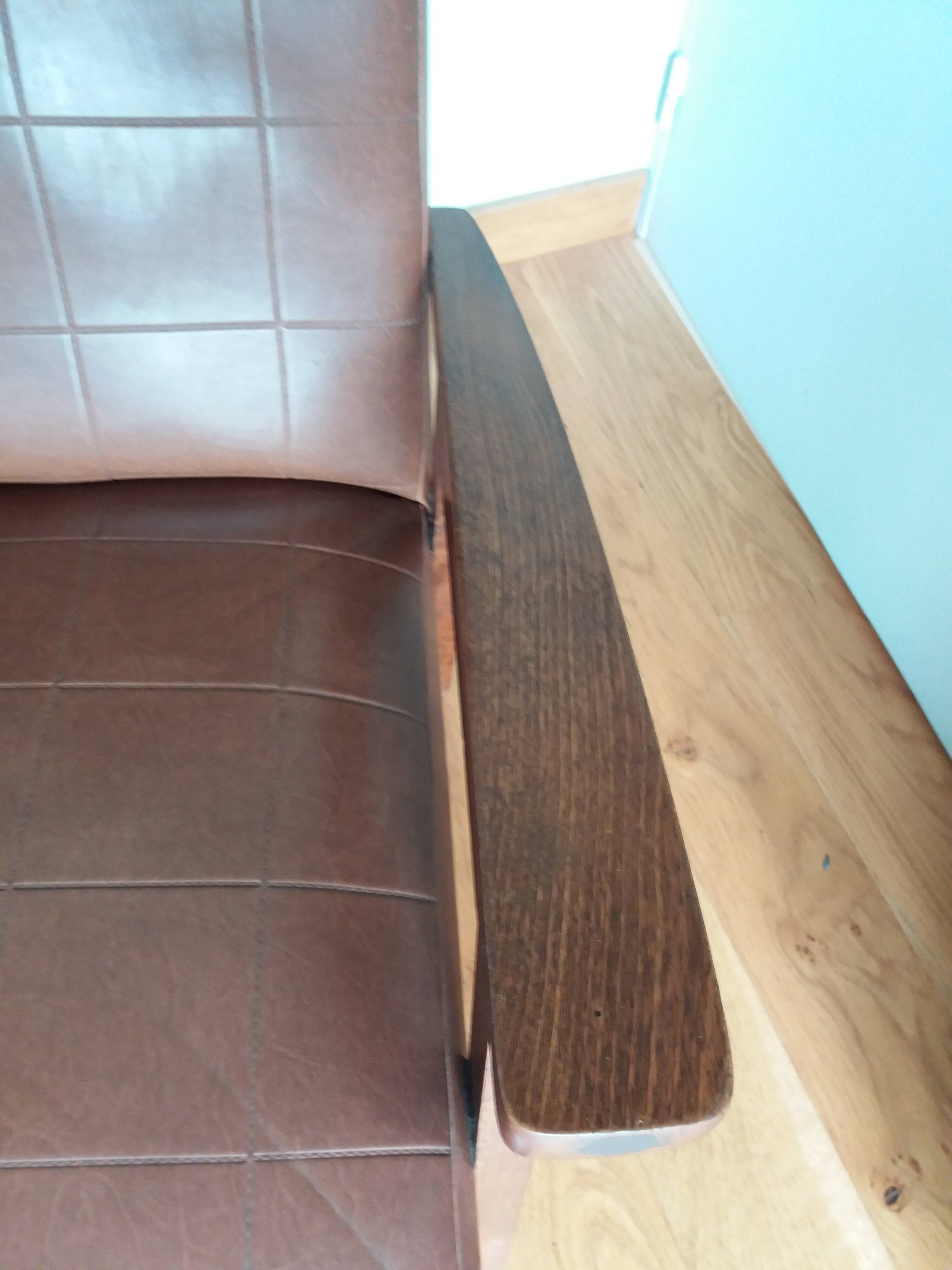 Scandinavian armchair in brown leatherette and wood