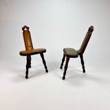 Set of 2 mid century brutalist oak tripod stools, 1960s