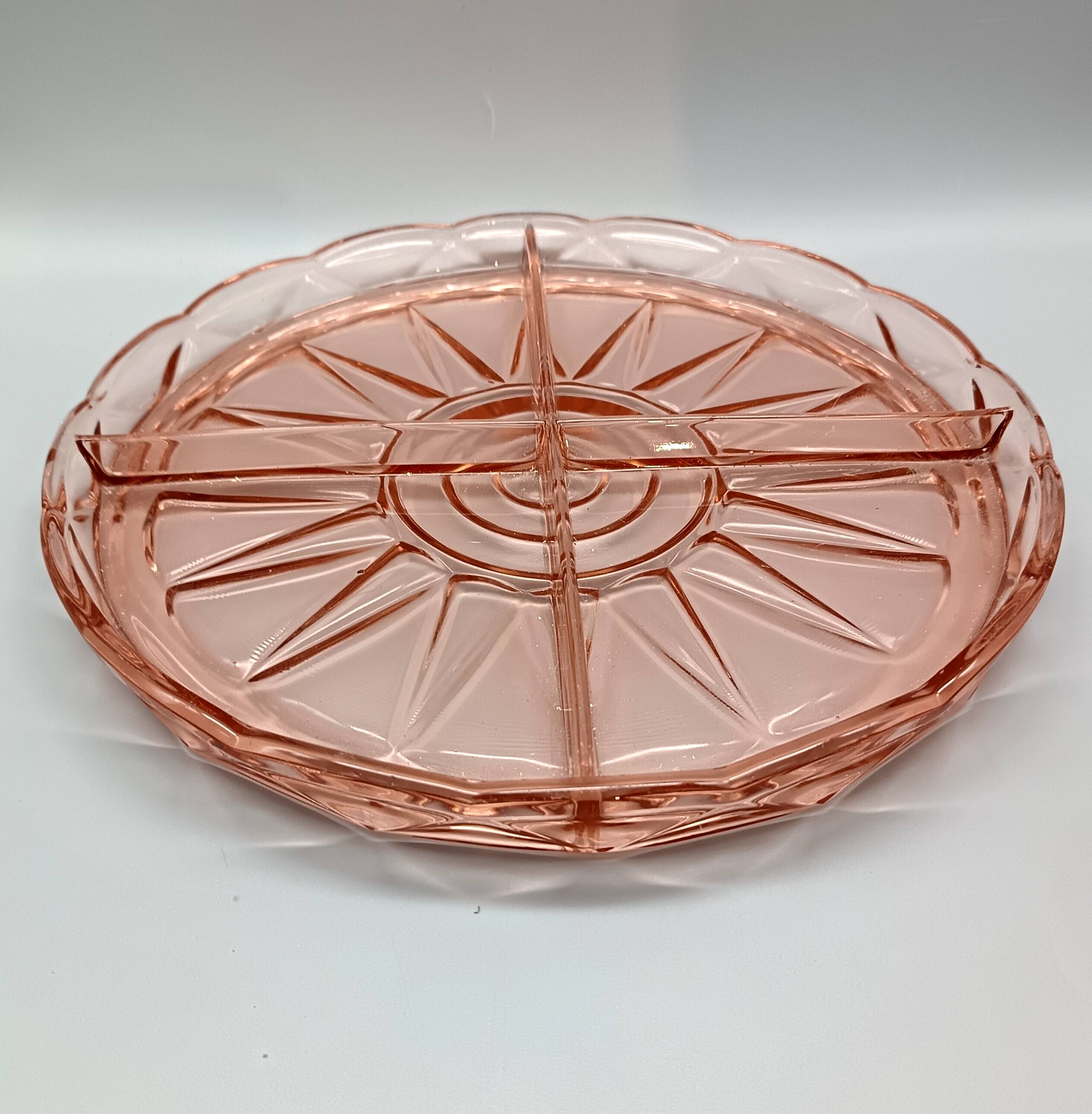 Beautiful pink dish with 4 compartments in vintage pressed glass