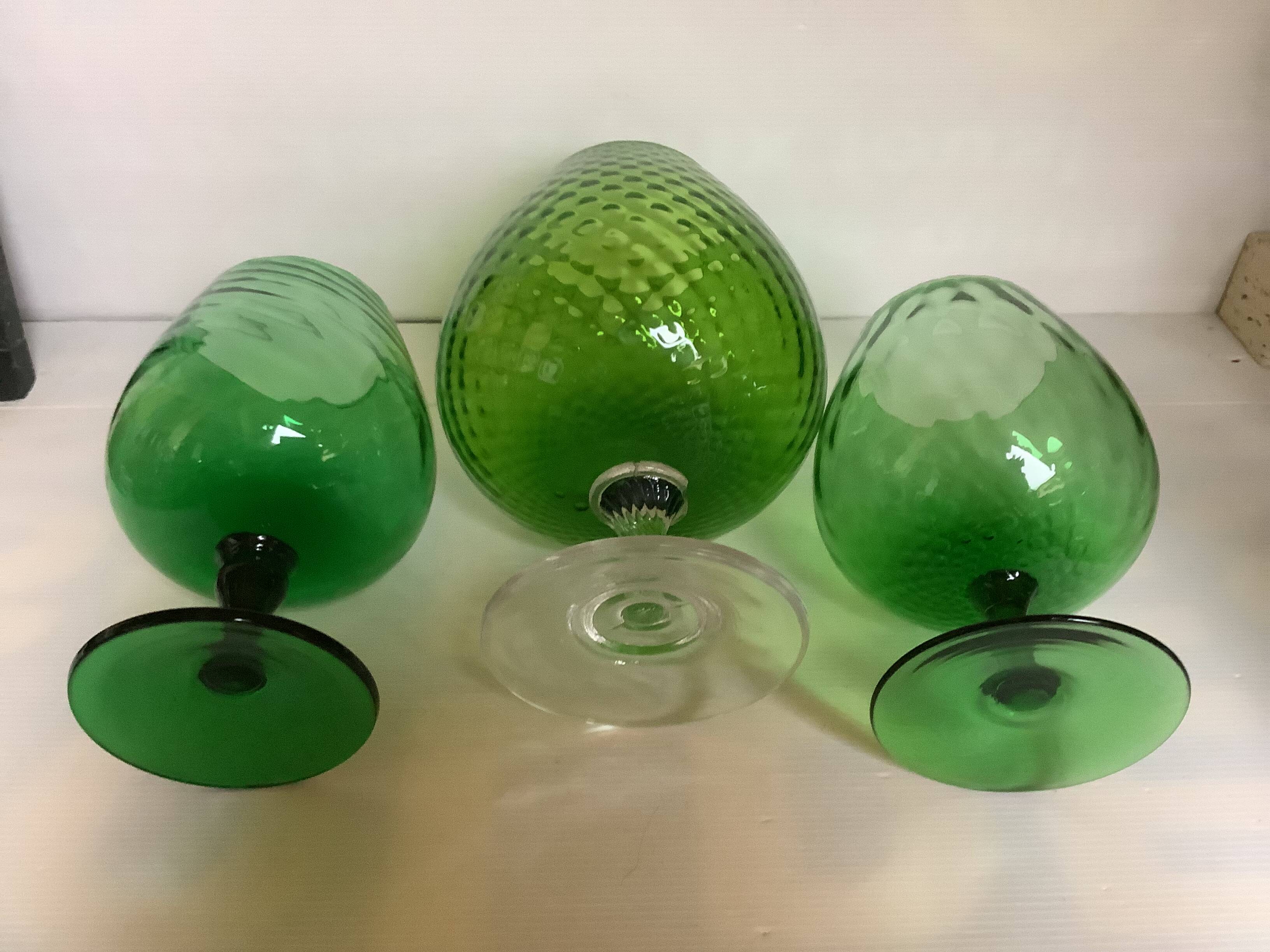 Trio of green glass vases Empoli Italy