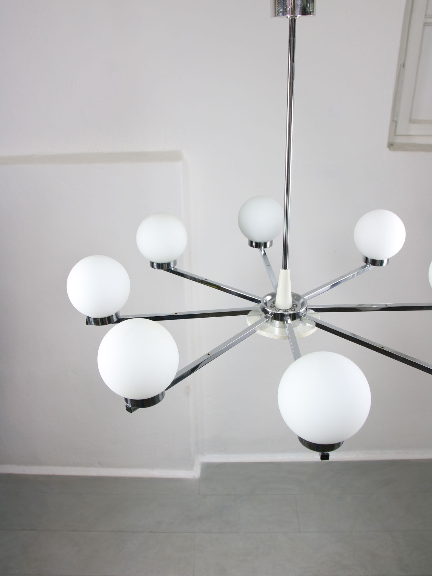 Vintage minimal chrome & opaline 8-arm chandelier, 70s