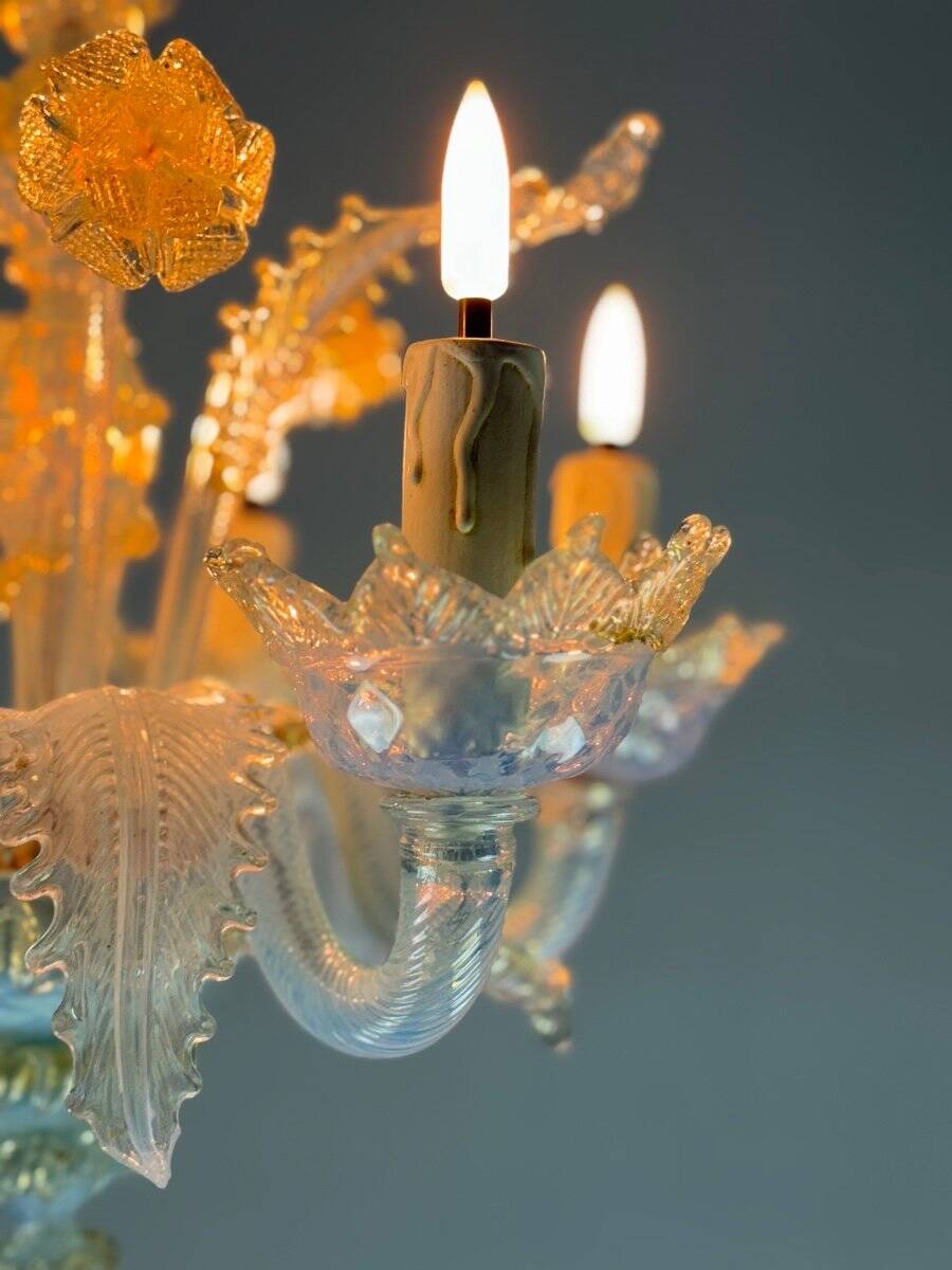 Small Venetian Chandelier In Opalescent Blue And Gold Murano Glass, 6 Arms Of Light Circa 1950