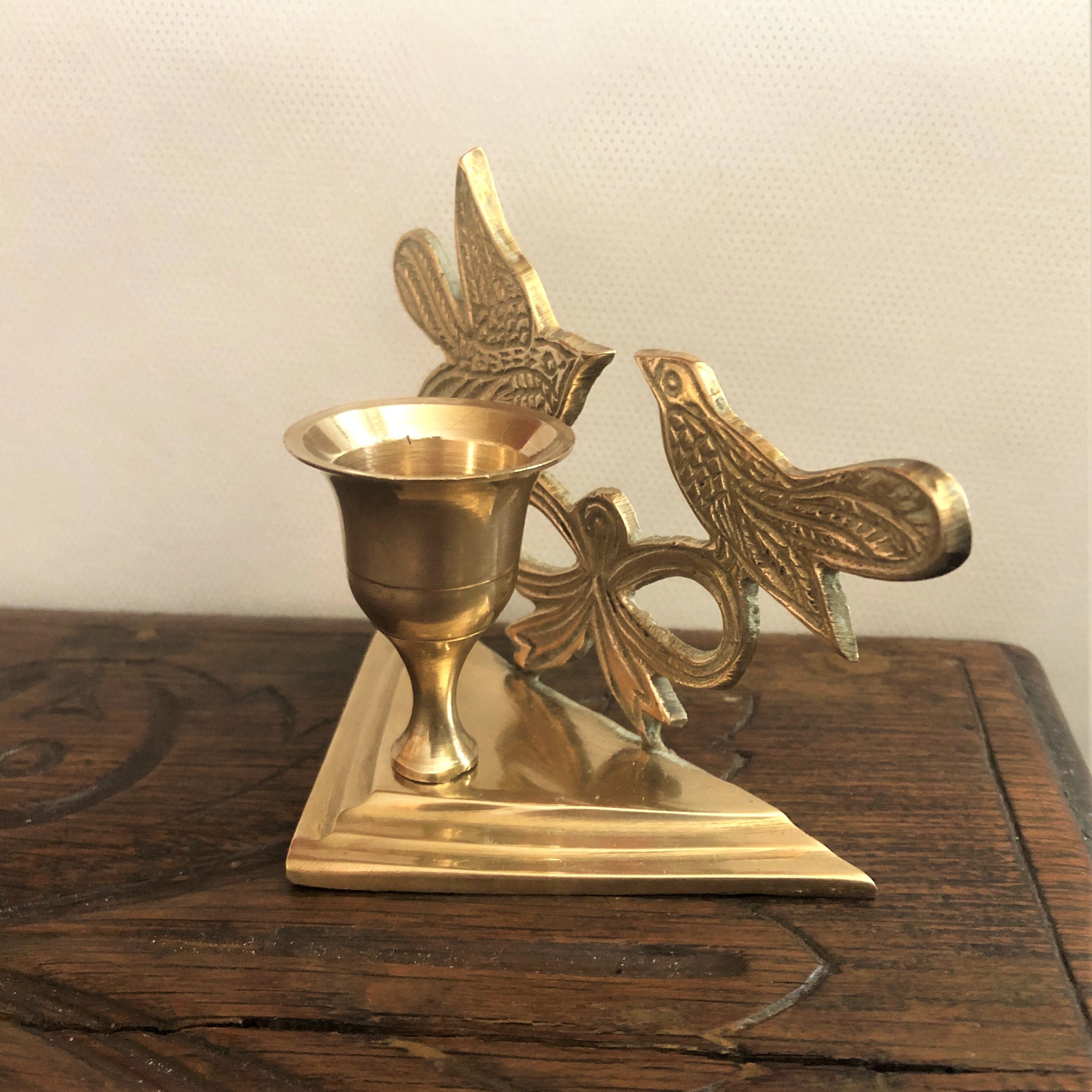 Bougeoir laiton doré décor oiseaux