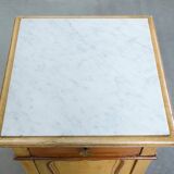 Antique wooden 1-door hallway/nightstand with a light marble top