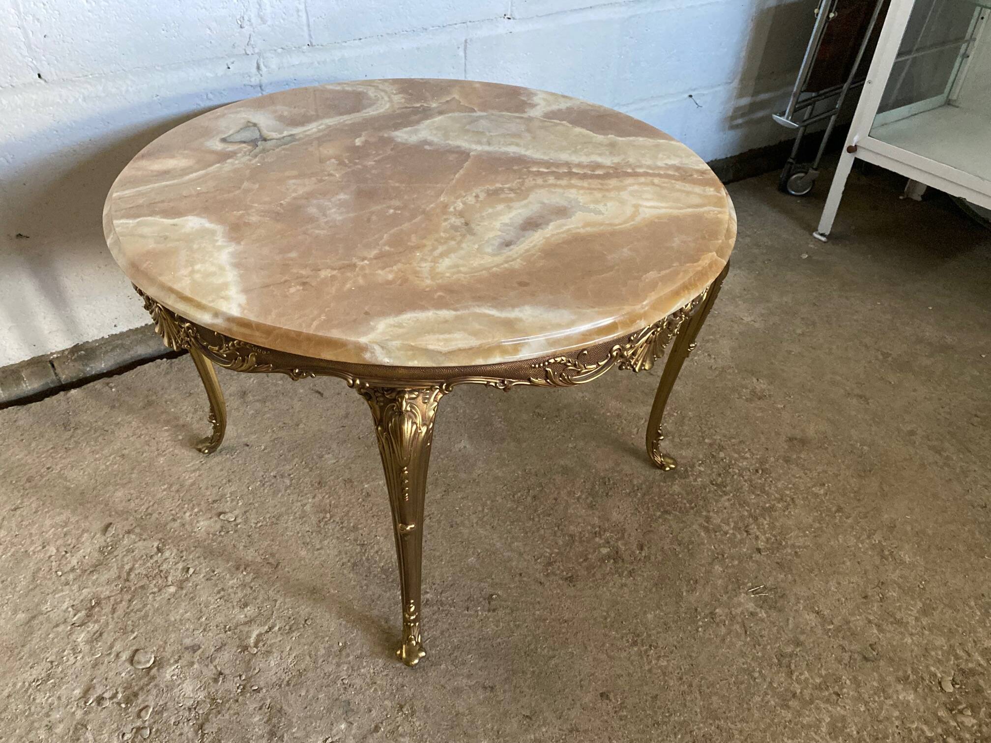 Vintage 1950s round onyx coffee table with brass base