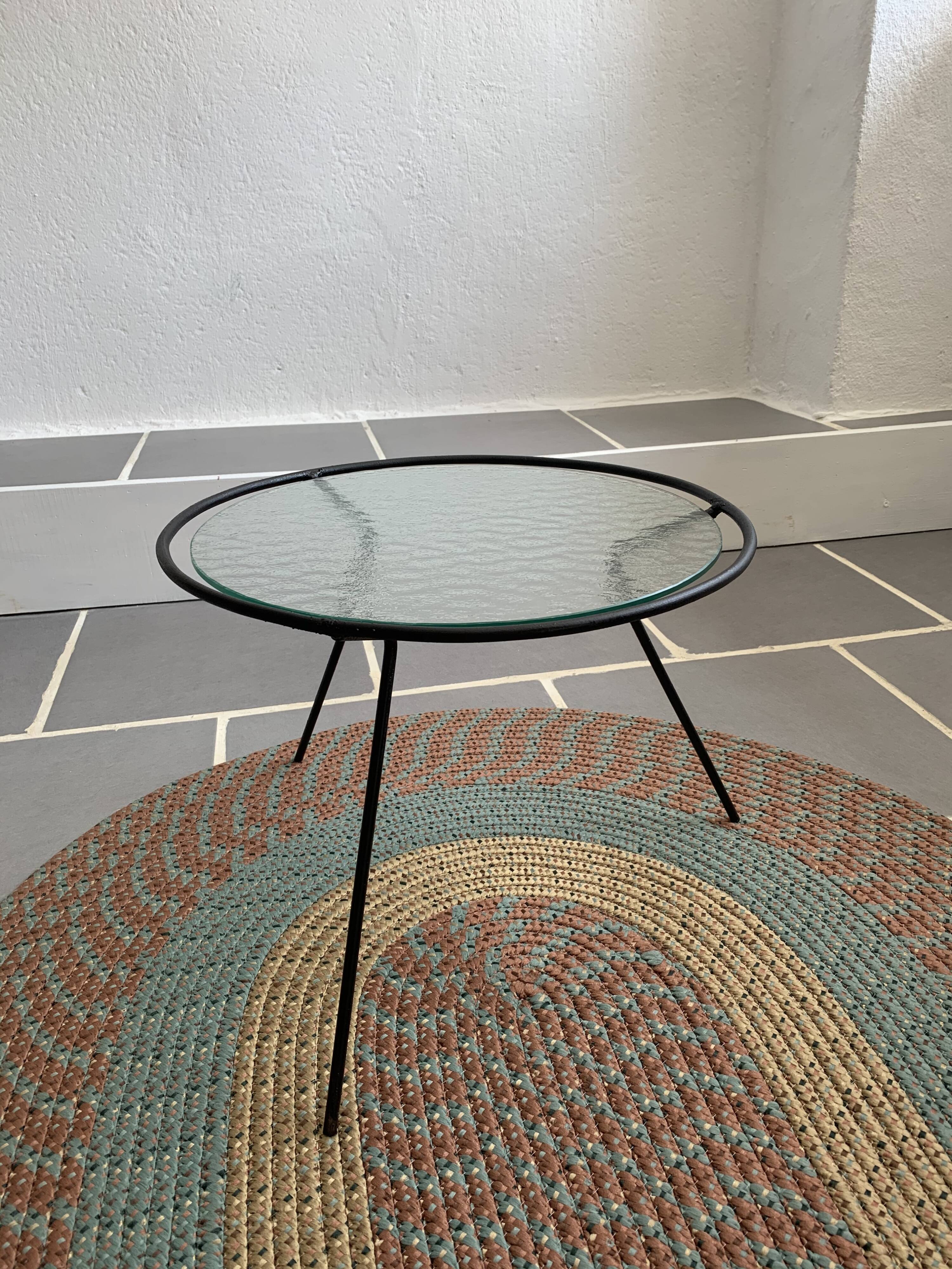 Vintage tripod glass and metal coffee table